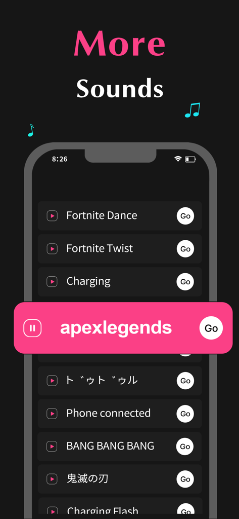 A library of custom phone sounds in the Charging Sound app including options like Fortnite and Apex Legends.