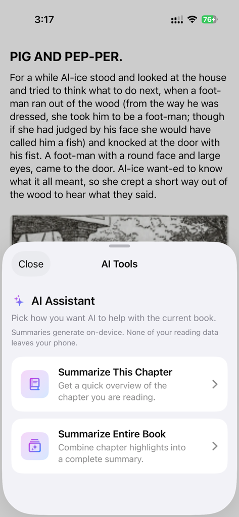 Bukai e-reader app showing AI tools for summarizing chapters and entire books.