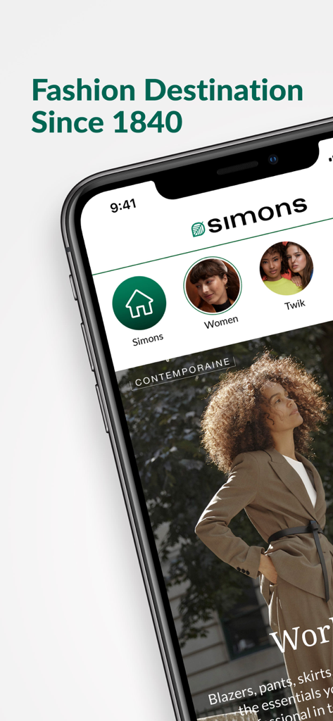 Simons - A Fashion Destination - Simons fashion app home screen showing heritage branding and women clothing collections