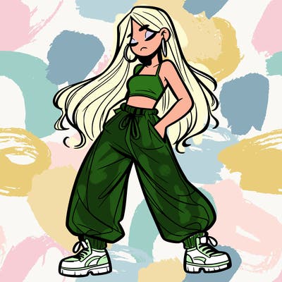 girl in baggy pants crop top and long hair