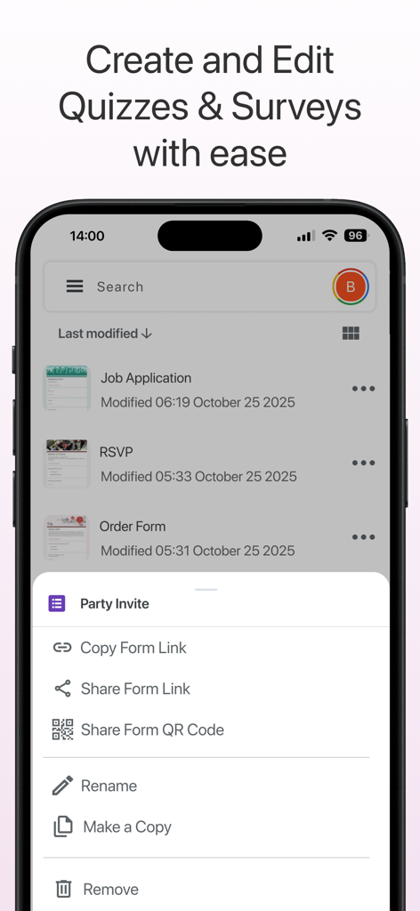 Interface do aplicativo móvel Formulários para Google Doc mostrando gerenciamento e opções de compartilhamento de formulários.