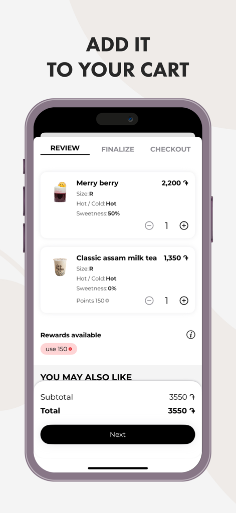 Gotcha boba bar - Pantalla de revisión del carrito de la aplicación Gotcha boba bar que muestra los detalles del pedido de bebidas