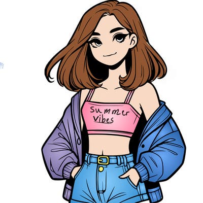 a realistic girl with a crop top and short shorts in an open jacket