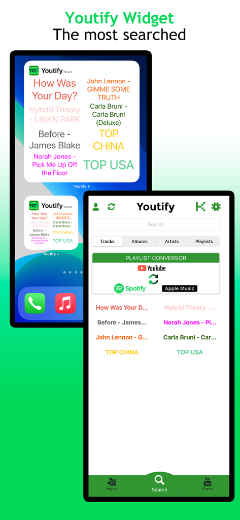 Youtify app interface showing home screen music widgets and a playlist converter for Spotify and YouTube