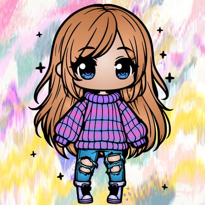 chibi girl with ripped jeans,long hair, and an oversized sweater