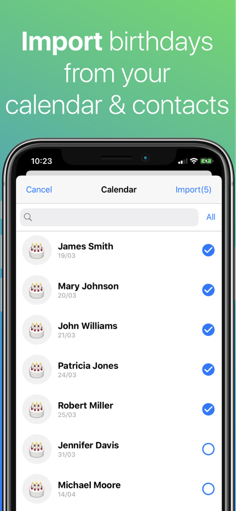 A screen from the Birthday Countdown app showing the interface for importing birthdays from contacts and calendar