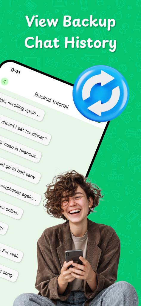 Dual Chat Web: Dual Accounts - A smartphone interface showing the backup chat history feature in the Dual Chat app with a woman smiling while using her phone