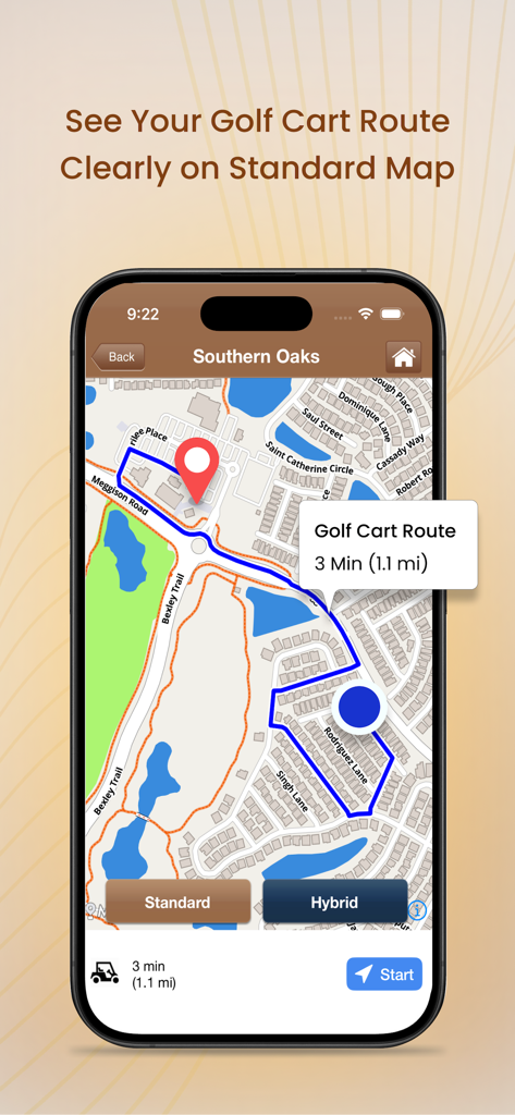 Screenshot of the Villages GPS app showing a golf cart route on a standard map.