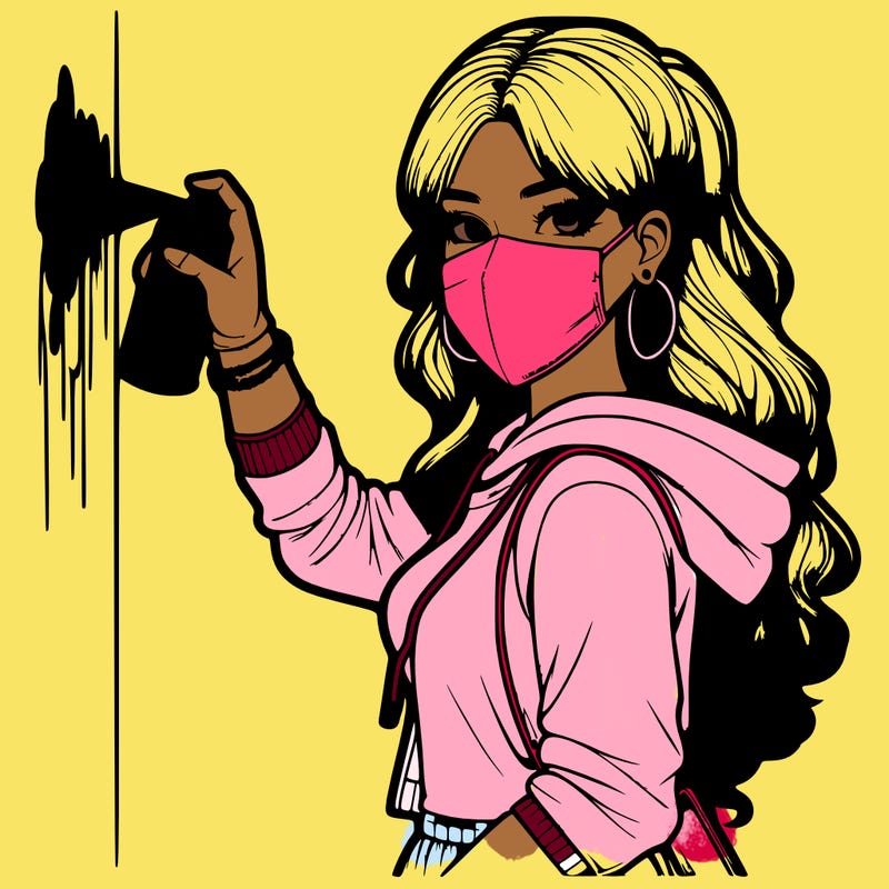 realistic girl with mask spray painting a wall