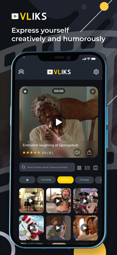 VLIKS - The VLIKS mobile app interface on an iPhone featuring a search engine for short audio-based video clips from popular movies and TV shows.