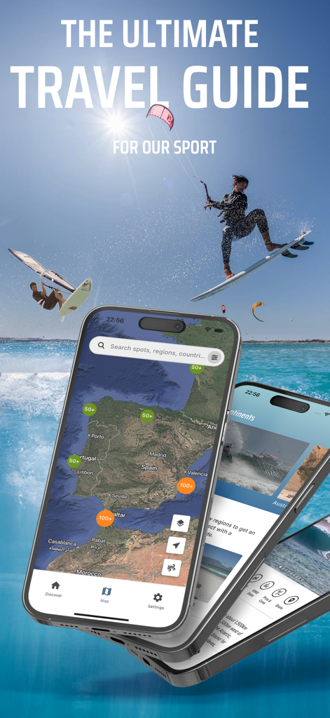 Kite & Windsurfing Guide - Kite and Windsurfing Guide app interface on mobile phones showing global surfing spots and map