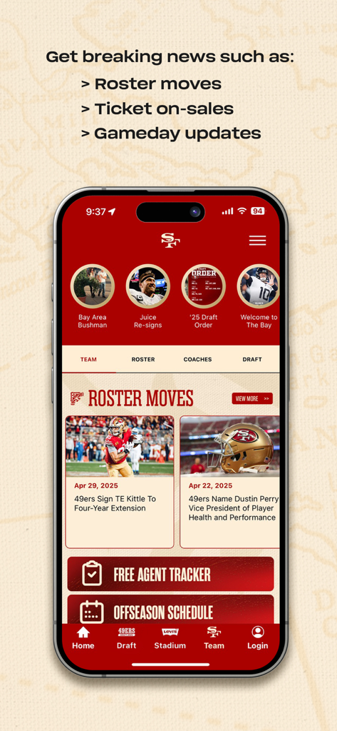 Interface do aplicativo oficial San Francisco 49ers mostrando notícias da equipe e movimentações do elenco em uma tela de smartphone.