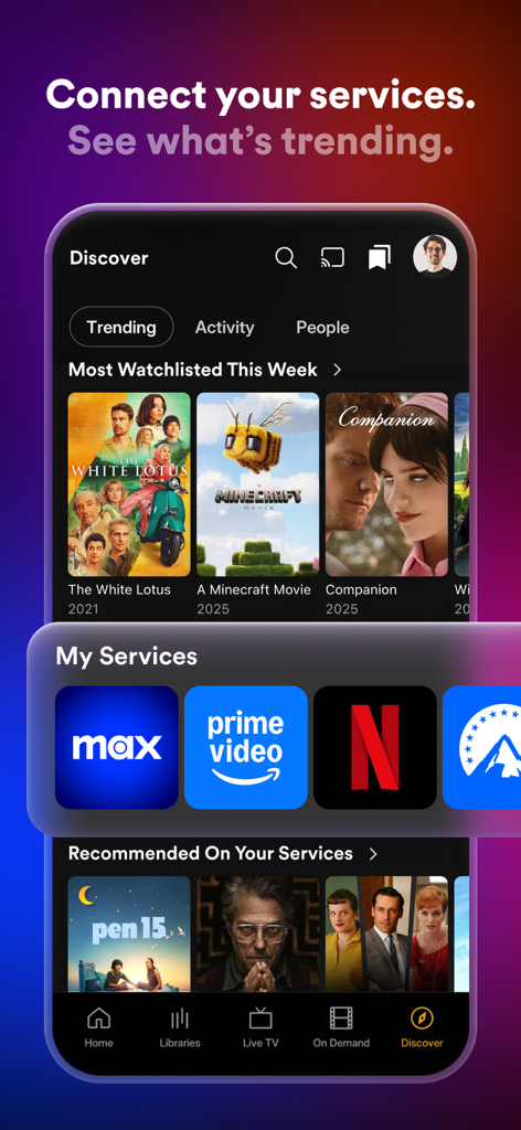 Plex app interface showing the Discover tab with integrated streaming services like Netflix Max and Prime Video alongside trending content recommendations