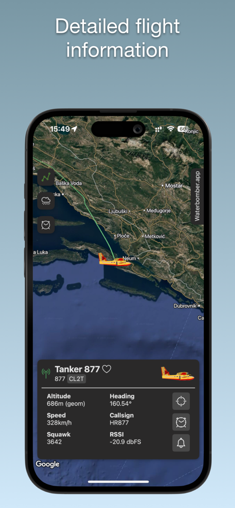 Echtzeit-Fluginformationsanzeige auf einer Karte für ein Löschflugzeug innerhalb der Waterbomber Wildfire Tracker App.