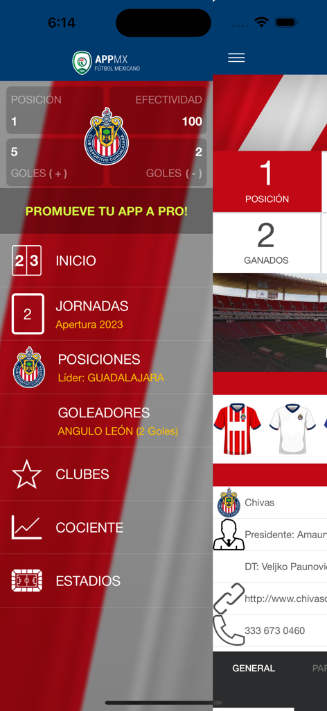 Menú de navegación de la aplicación móvil AppMX mostrando la clasificación y estadísticas del equipo Chivas.