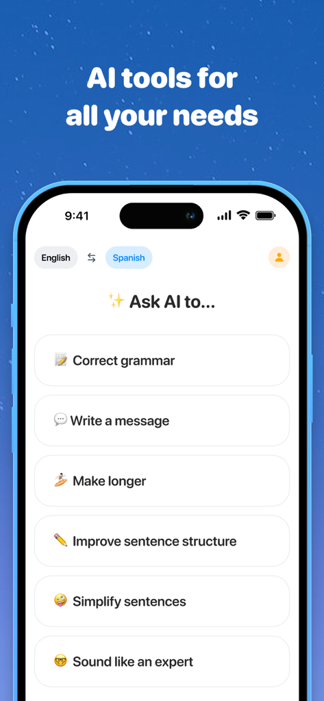 Interfaz de la aplicación Traductor IA Definitivo mostrando varias herramientas de escritura con IA como corrección gramatical y simplificación de oraciones