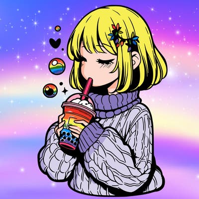 manga girl drinking boba in cozy sweater