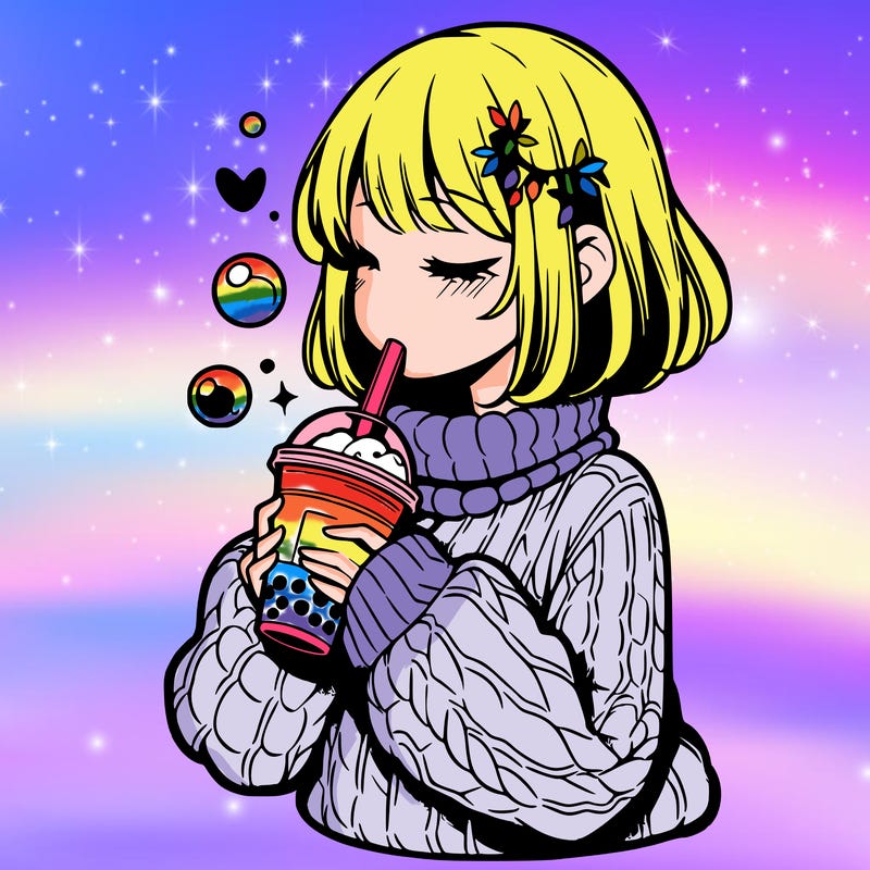 manga girl drinking boba in cozy sweater