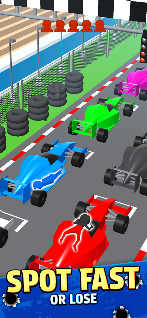 Camo Sniper - Gameplay screenshot showing camouflaged enemies hidden on colorful racing cars with the text Spot Fast or Lose