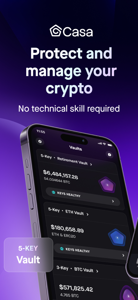 Casa: Bitcoin & Crypto Wallet - Casa app interface showing secure multi-key vaults for bitcoin and crypto management