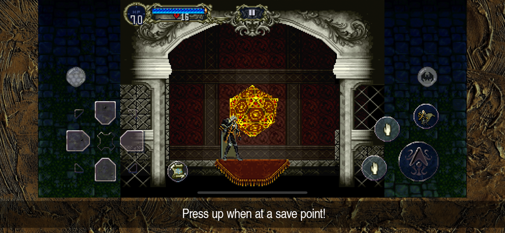 Castlevania: SotN - Alucard standing in front of a glowing golden save point in Castlevania Symphony of the Night mobile edition.