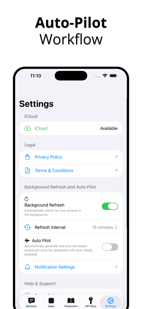 Review Agent: Reply to Apps - Settings screen of the Review Agent app showing iCloud status and Auto-Pilot workflow configuration options.