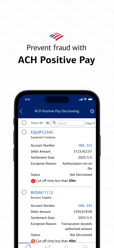 Interface do aplicativo Bank of America CashPro para prevenção de fraudes ACH Positive Pay
