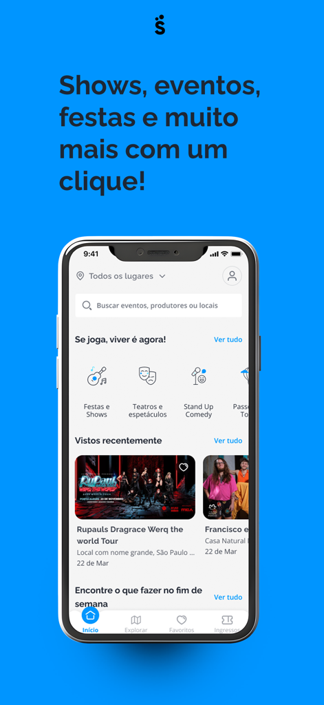 Pantalla de inicio de la aplicación Sympla que muestra categorías de eventos y listas de entradas