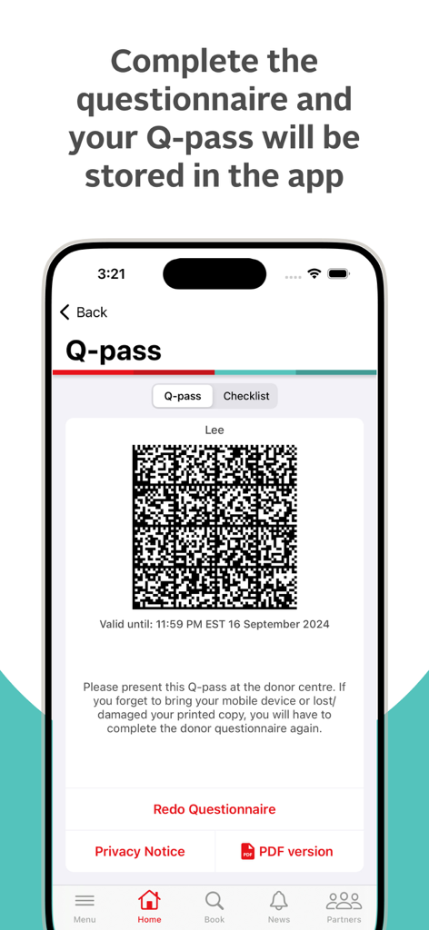 Digital Q-pass with a QR code displayed on the GiveBlood app for Canadian Blood Services