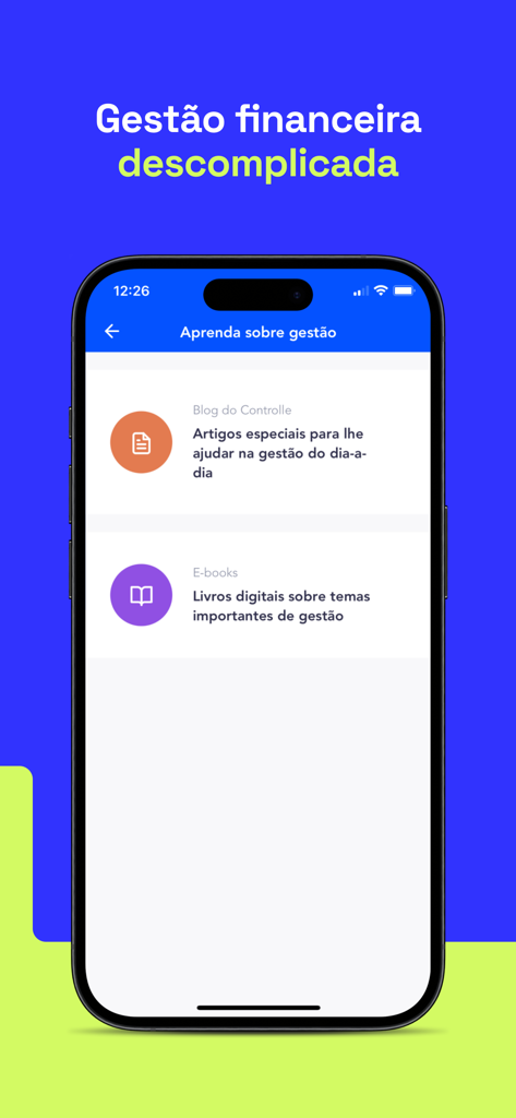 Tela móvel do aplicativo Controlle mostrando uma seção educacional com posts de blog e e-books sobre gestão de negócios