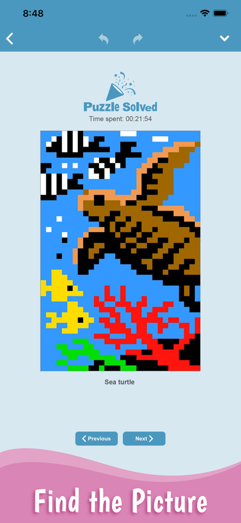 Un puzle de lógica Link-a-Pix terminado que revela una tortuga marina colorida de pixel art bajo el agua con peces y coral.