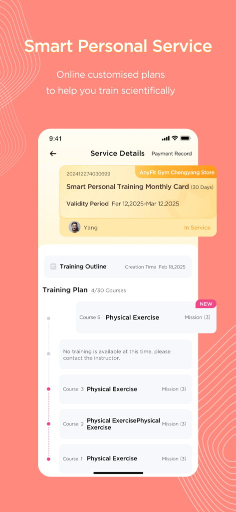 AnyFit - AnyFit App-Bildschirm, der einen intelligenten Personal-Trainingsservice und einen maßgeschneiderten Trainingsplan anzeigt