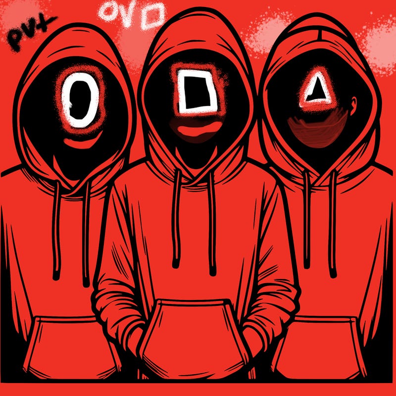 3 faceless people in  hoodies