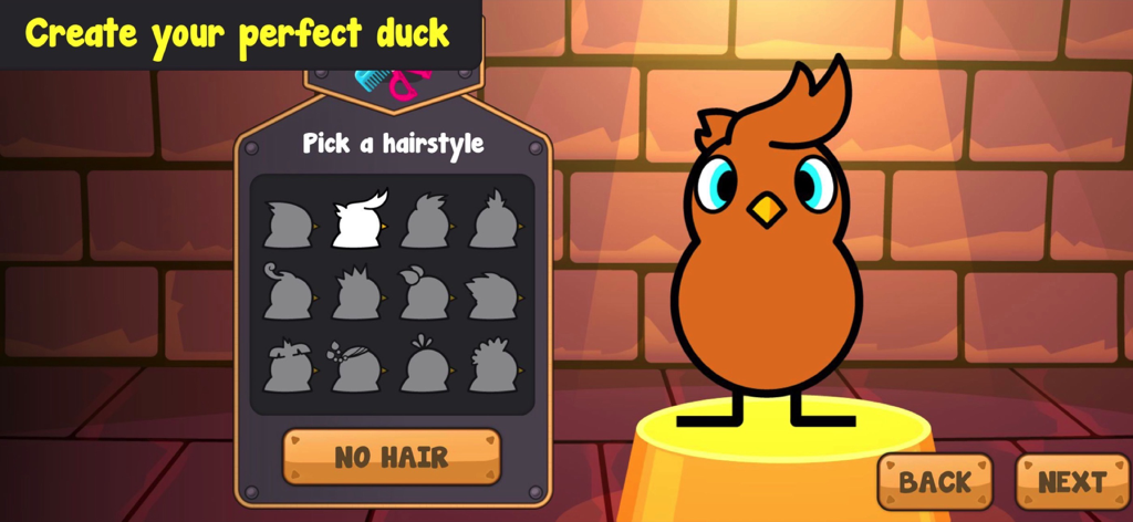 Duck Life 7: Battle - Character customization screen in Duck Life 7 Battle showing hairstyle options for a duck character