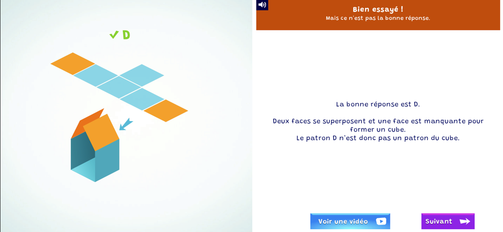 Leçon de géométrie dans Archipel Apps montrant un motif 2D et sa représentation 3D avec des retours éducatifs