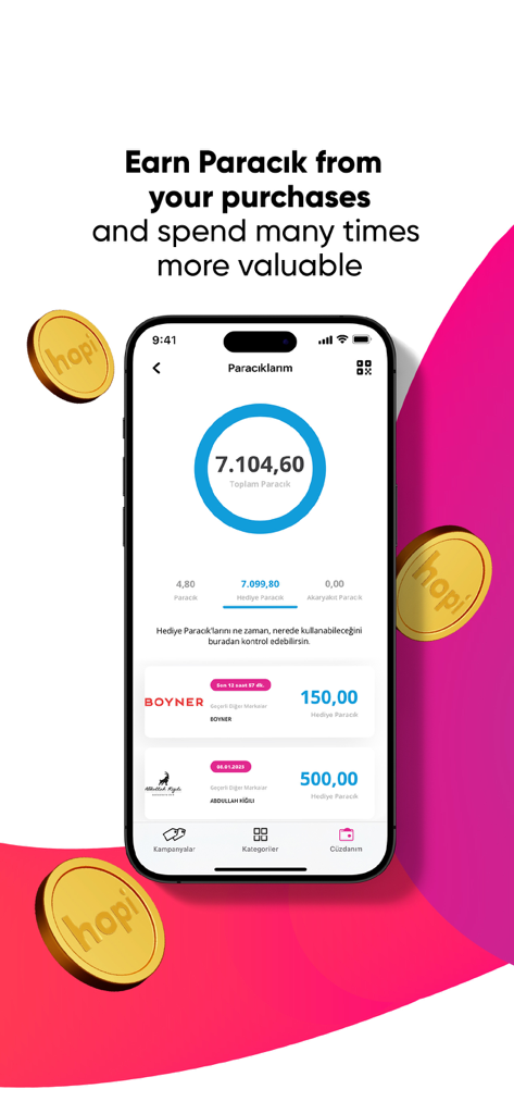 Hopi - Rewarding Shopping - Hopi app interface showing earned Paracik reward points and special brand offers