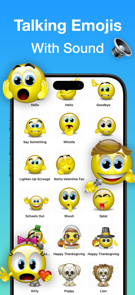 Mobile app interface displaying a grid of animated 3D talking emojis and stickers with sound.