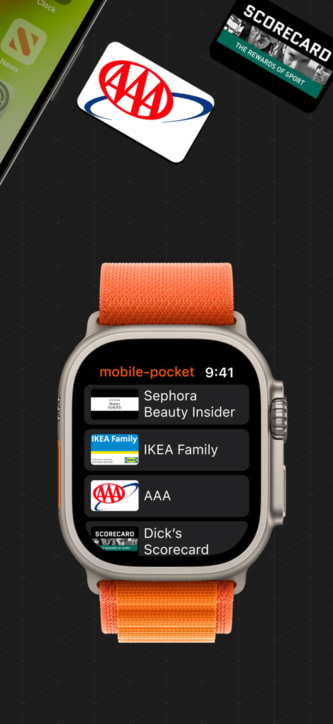mobile-pocket loyalty cards - Apple Watchに表示されているモバイルポケット会員カードアプリのインターフェース