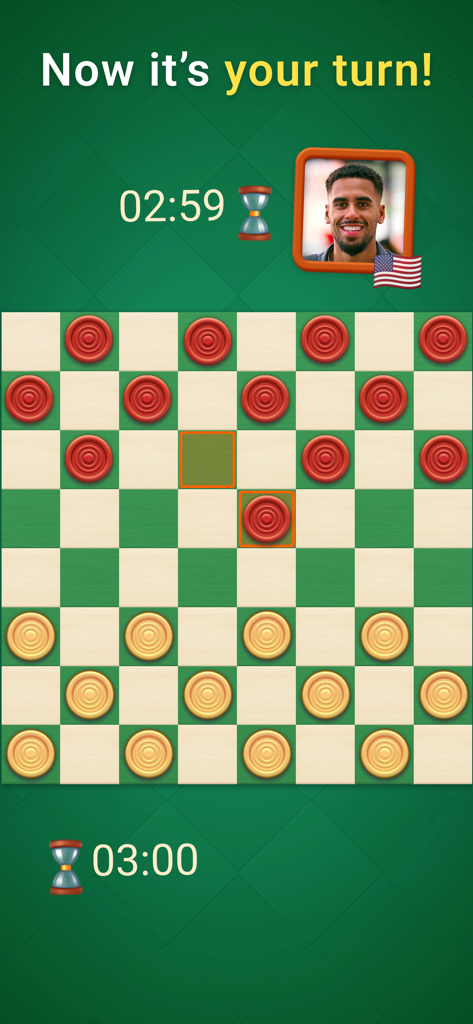 A digital checkers match in progress featuring a 3-minute blitz mode timer and a classic green game board.