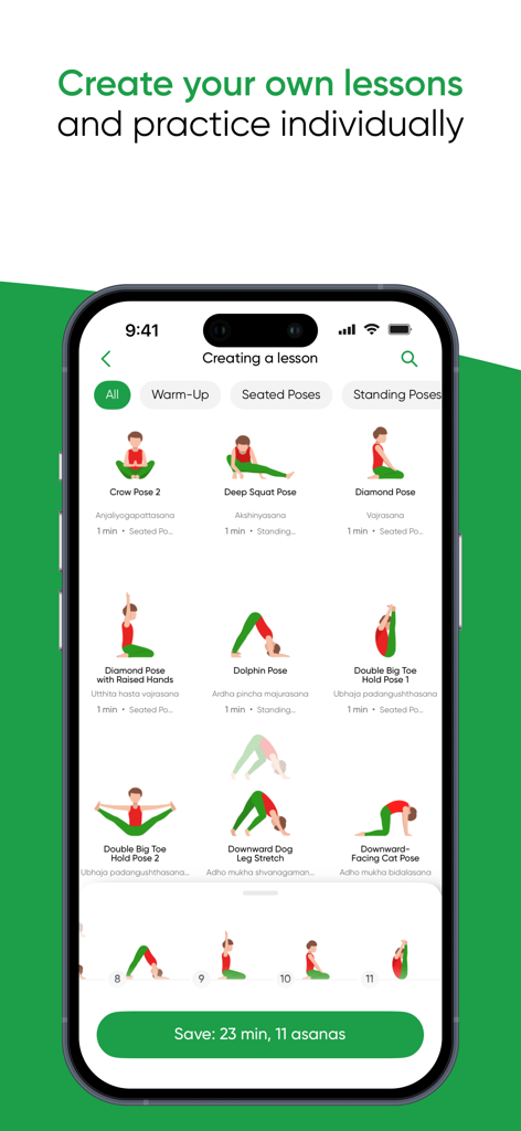 Interface of the Yoga Club app showing the custom lesson builder where users can select various asanas to create their own yoga routine