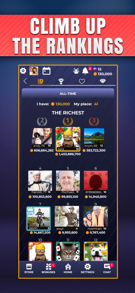 Euchre.com app leaderboard showing the top richest players ranked by coin balance.