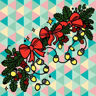 christmas garland: decorated with lights and ribbons..simple vector art