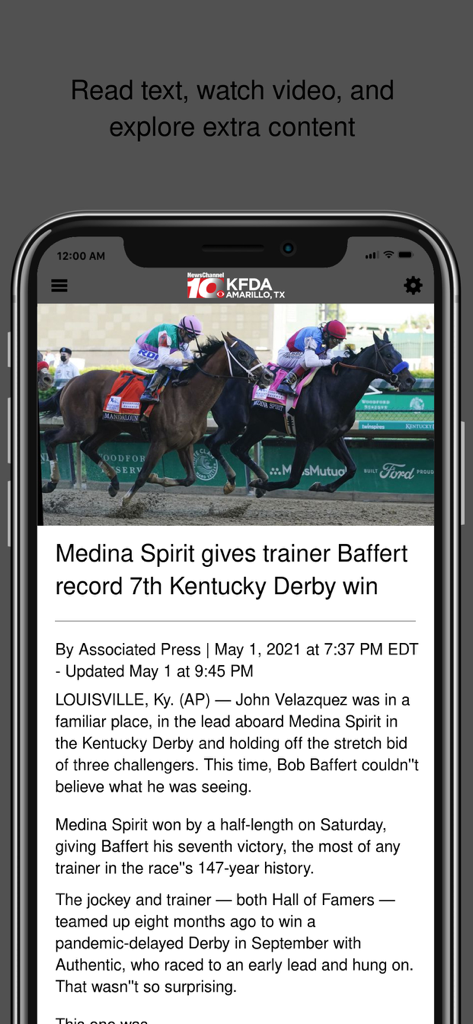 KFDA NewsChannel 10 app displaying a sports news article about the Kentucky Derby on a smartphone screen