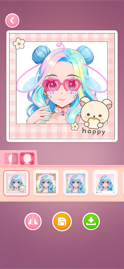A colorful anime girl avatar with pink heart glasses and colorful hair inside a decorative pink checkered frame