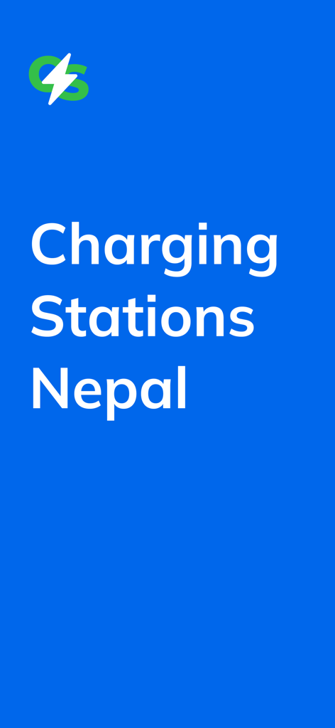 Charging Stations Nepal - Charging Stations Nepal app splash screen featuring the app name and a green logo with a white lightning bolt on a blue background