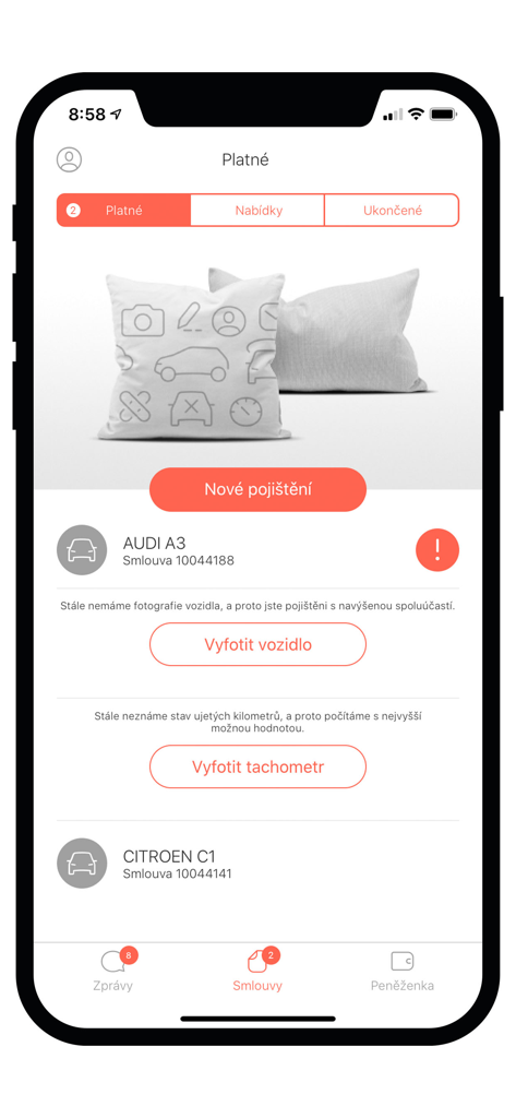 Pillow insurance - Pillow insurance app dashboard showing active car insurance policies and a prompt for vehicle inspection
