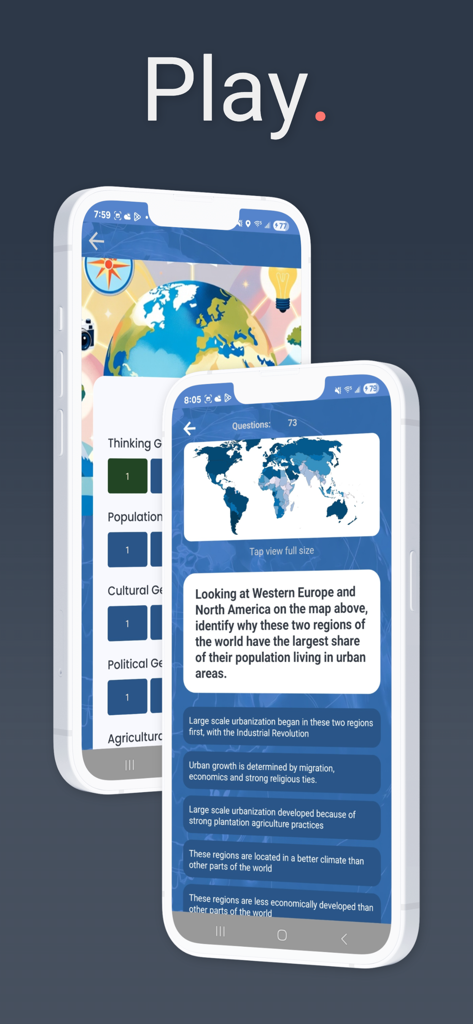 iScore5 AP Human Geography - Interface of the iScore5 AP Human Geography app showing unit selection and a multiple choice map question