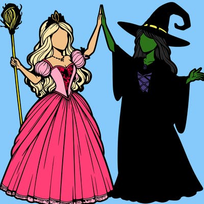 detailed realistic split of a princess and a witch