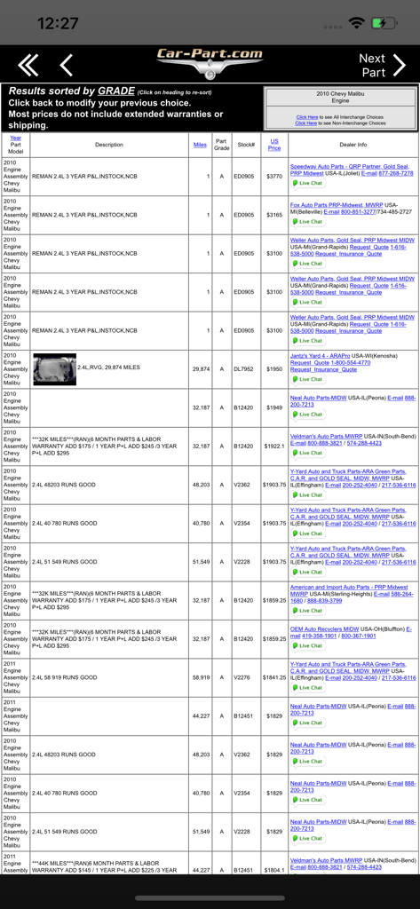 Car-Part.com Auto Parts Market - Search results for a 2010 Chevy Malibu engine on the Car-Part.com app showing a list of used parts with prices and dealer details