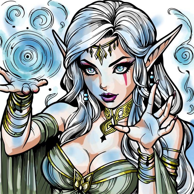 realistic scary beautiful elf sorceress casting spell